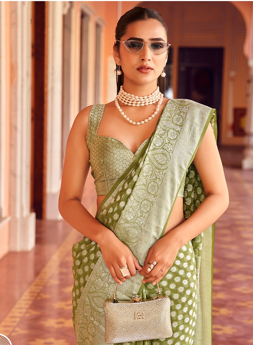 Monjolika Fashion Olive Green Weaving Georgette Party Contemporary Saree | Grocsy