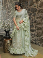 Tikhi Imli Embellished Sequinned Ruffled Ready to Wear Satin Saree | Grocsy