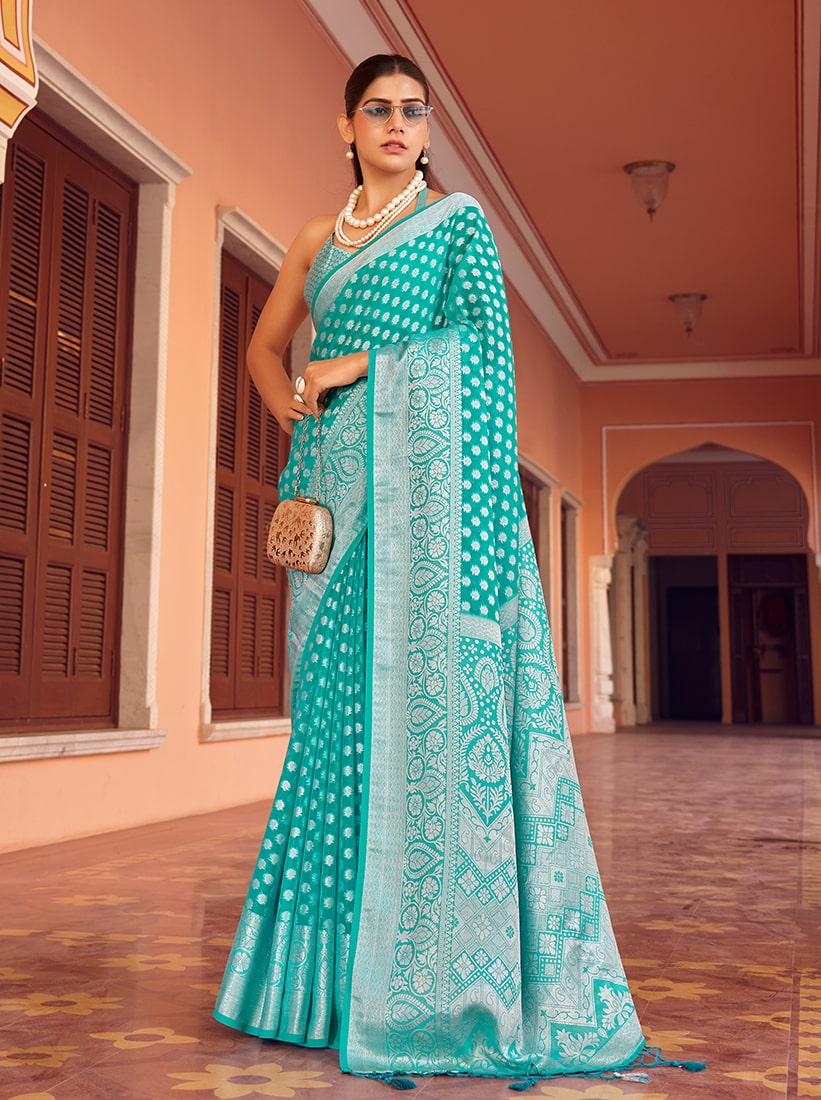 Monjolika Fashion Turquoise Weaving Georgette Party Contemporary Saree | Grocsy