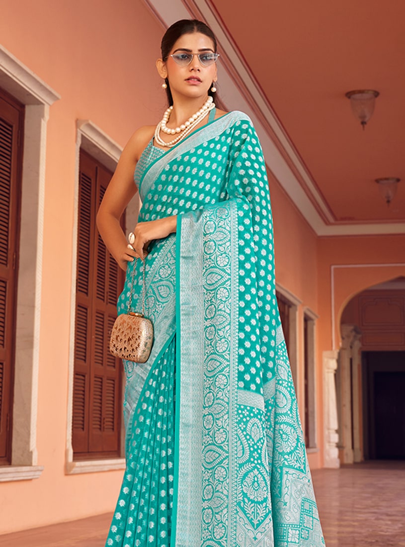 Monjolika Fashion Turquoise Weaving Georgette Party Contemporary Saree | Grocsy