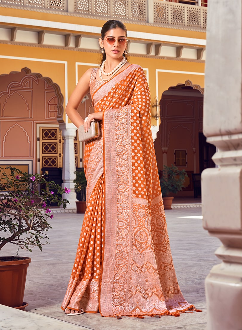 Monjolika Fashion Orange And Rust Weaving Georgette Party Contemporary Saree | Grocsy