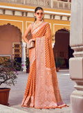 Monjolika Fashion Orange And Rust Weaving Georgette Party Contemporary Saree | Grocsy