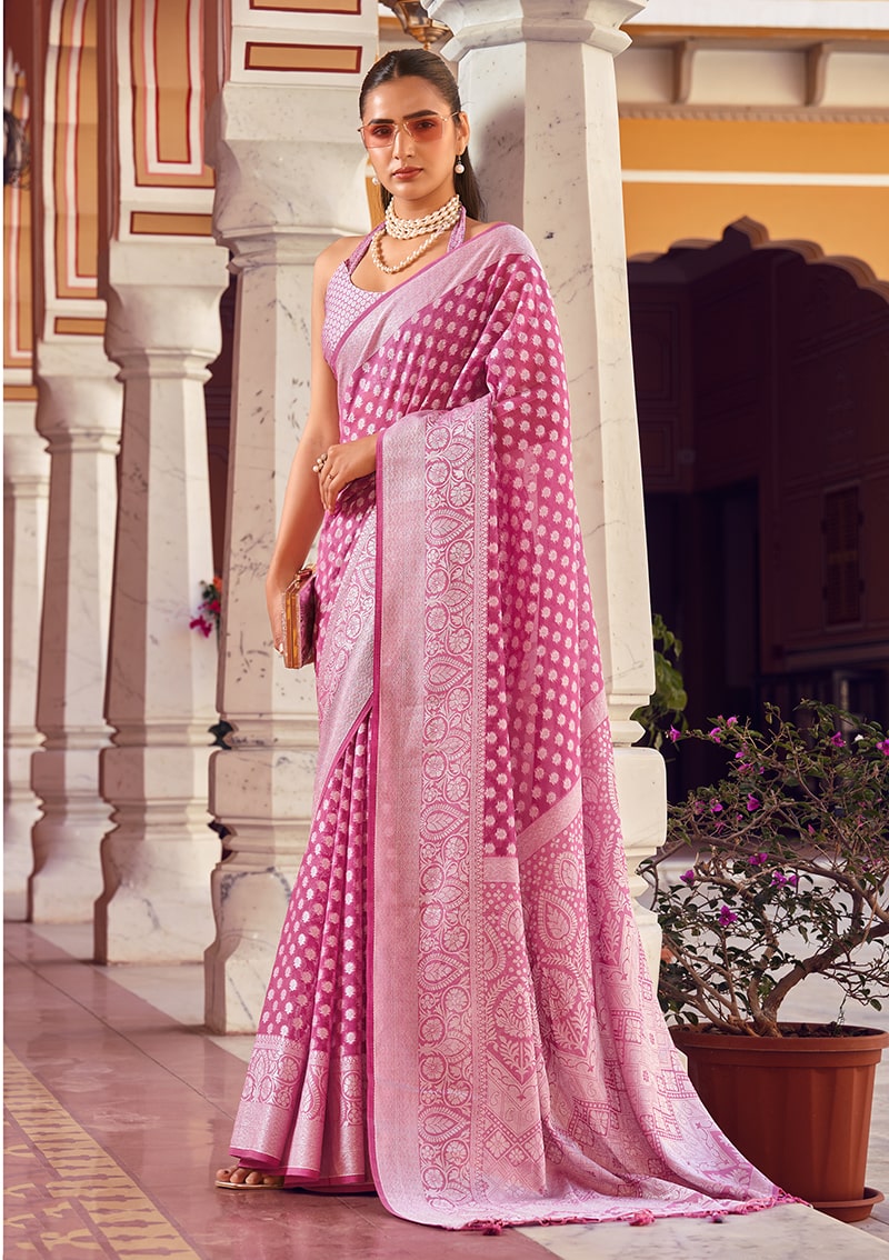 Monjolika Fashion Hot Pink Weaving Georgette Party Contemporary Saree | Grocsy