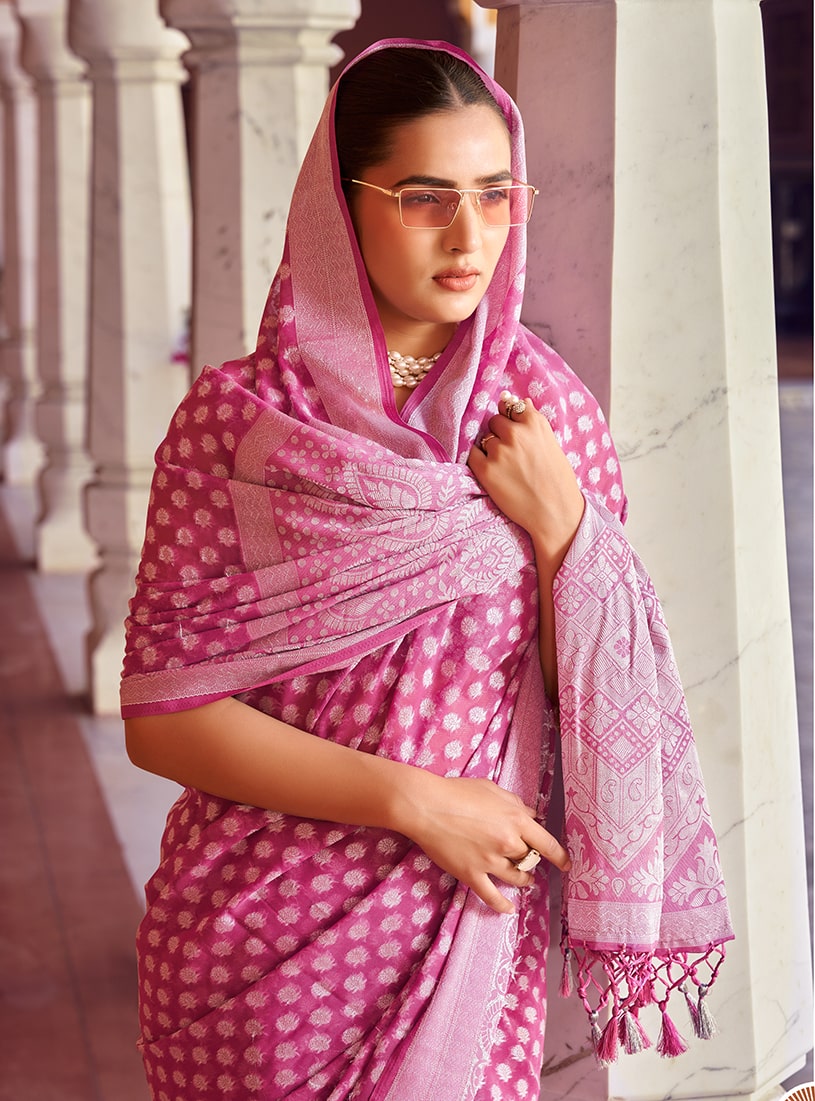 Monjolika Fashion Hot Pink Weaving Georgette Party Contemporary Saree | Grocsy