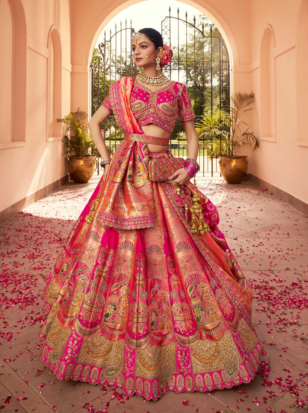 Monjolika Fashion Rani Pink Banarasi Silk Diamond Wedding Trendy Lehenga Choli | Grocsy