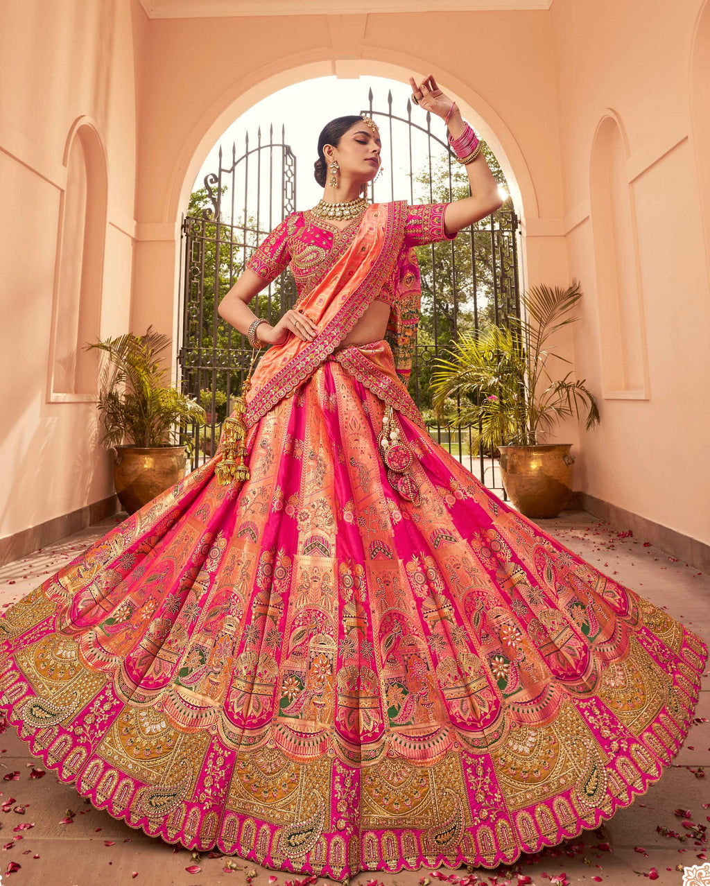 Monjolika Fashion Rani Pink Banarasi Silk Diamond Wedding Trendy Lehenga Choli | Grocsy
