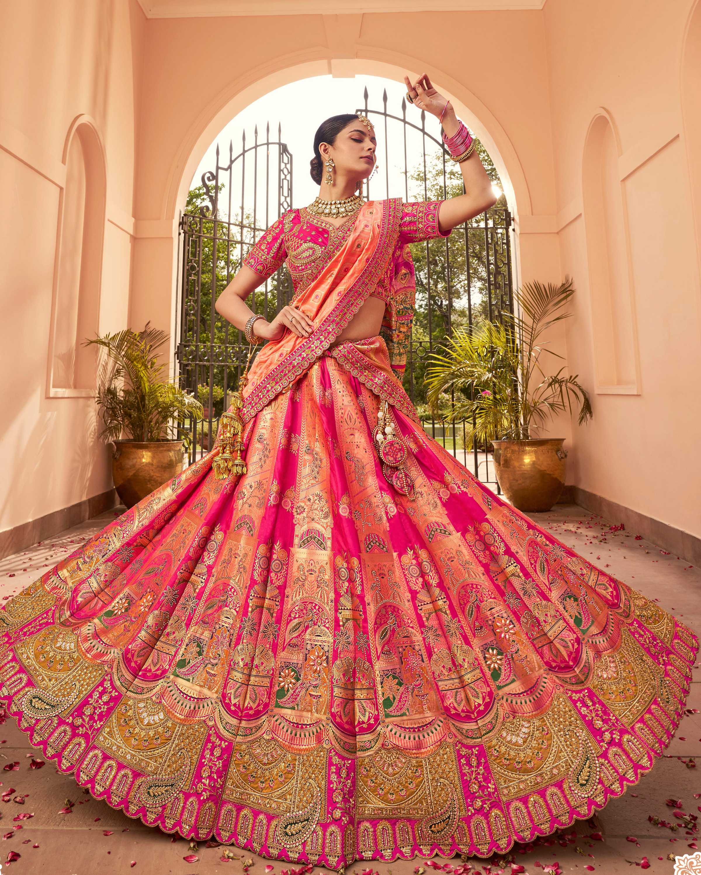 Monjolika Fashion Rani Pink Banarasi Silk Diamond Wedding Trendy Lehenga Choli | Grocsy