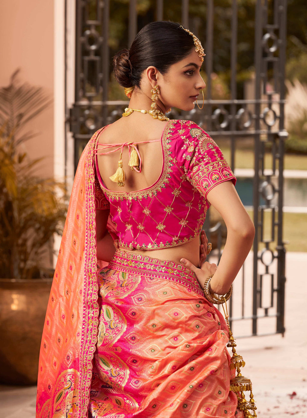 Monjolika Fashion Rani Pink Banarasi Silk Diamond Wedding Trendy Lehenga Choli | Grocsy