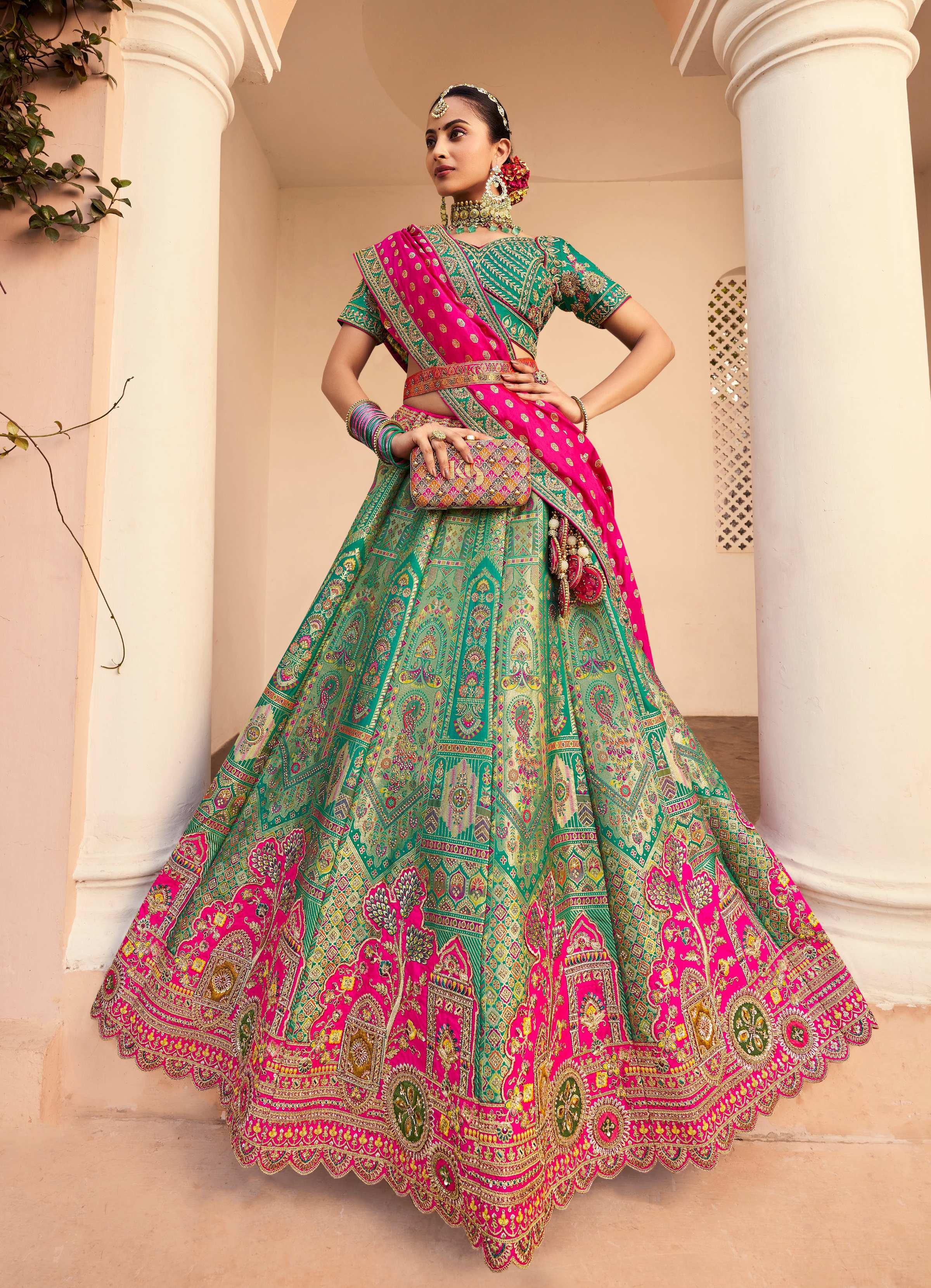 Monjolika Fashion Turquoise Banarasi Silk Diamond Wedding Trendy Lehenga Choli | Grocsy