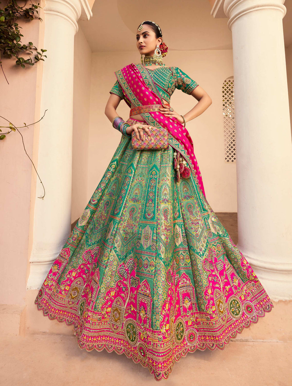Monjolika Fashion Turquoise Banarasi Silk Diamond Wedding Trendy Lehenga Choli | Grocsy