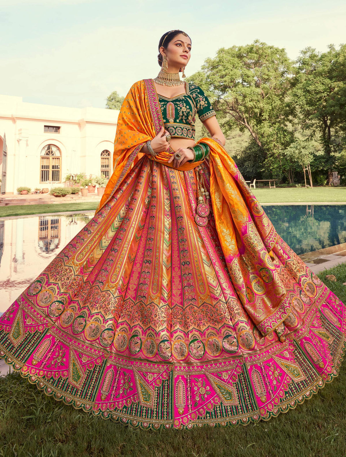 Monjolika Fashion Multi Colour Banarasi Silk Diamond Wedding Trendy Lehenga Choli | Grocsy