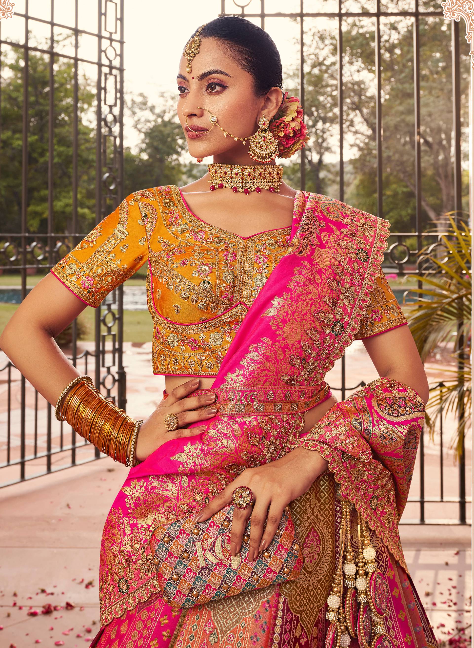 Monjolika Fashion Multi Colour Banarasi Silk Diamond Wedding Trendy Lehenga Choli | Grocsy