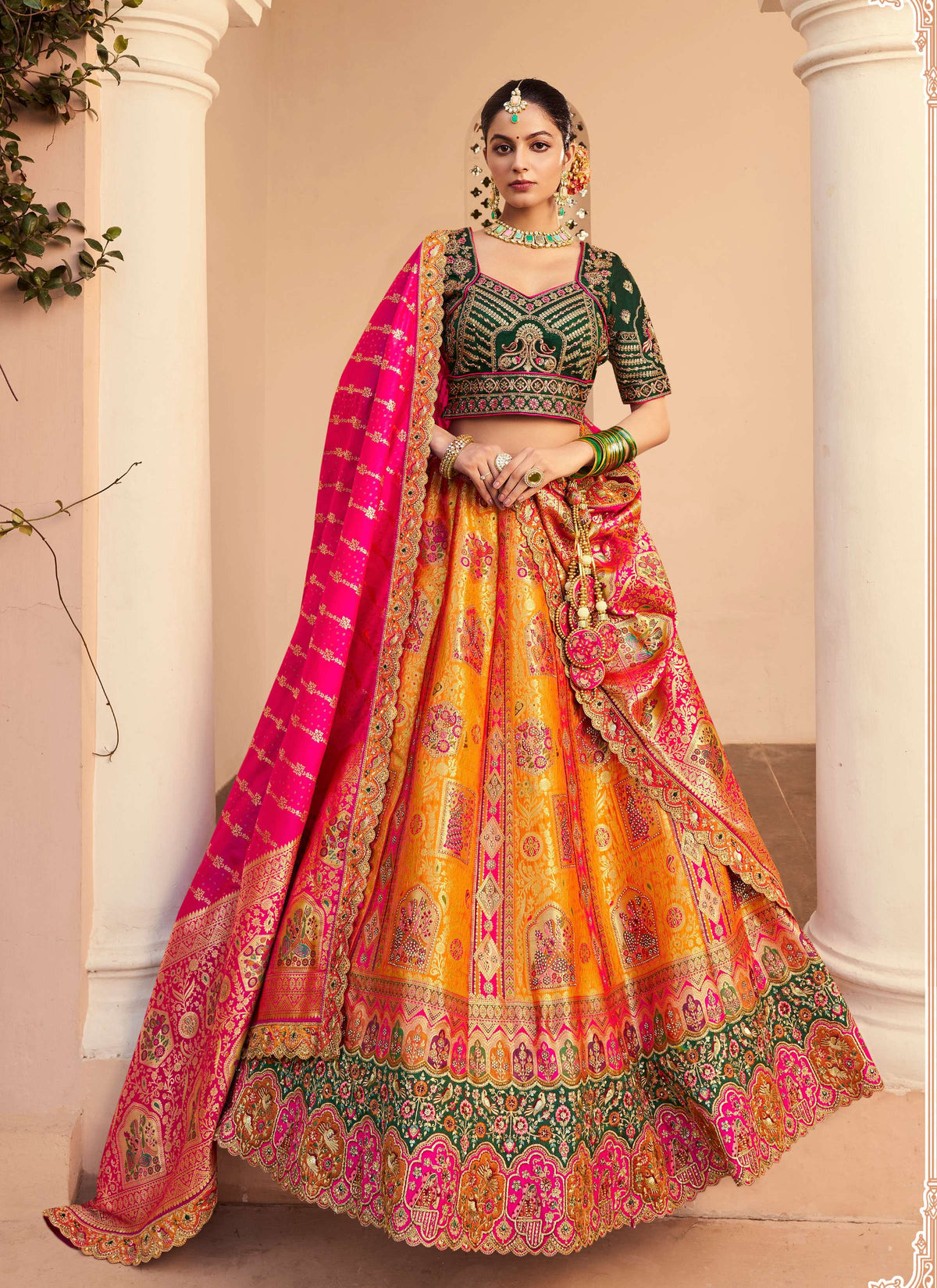 Monjolika Fashion Orange Banarasi Silk Diamond Wedding Trendy Lehenga Choli | Grocsy