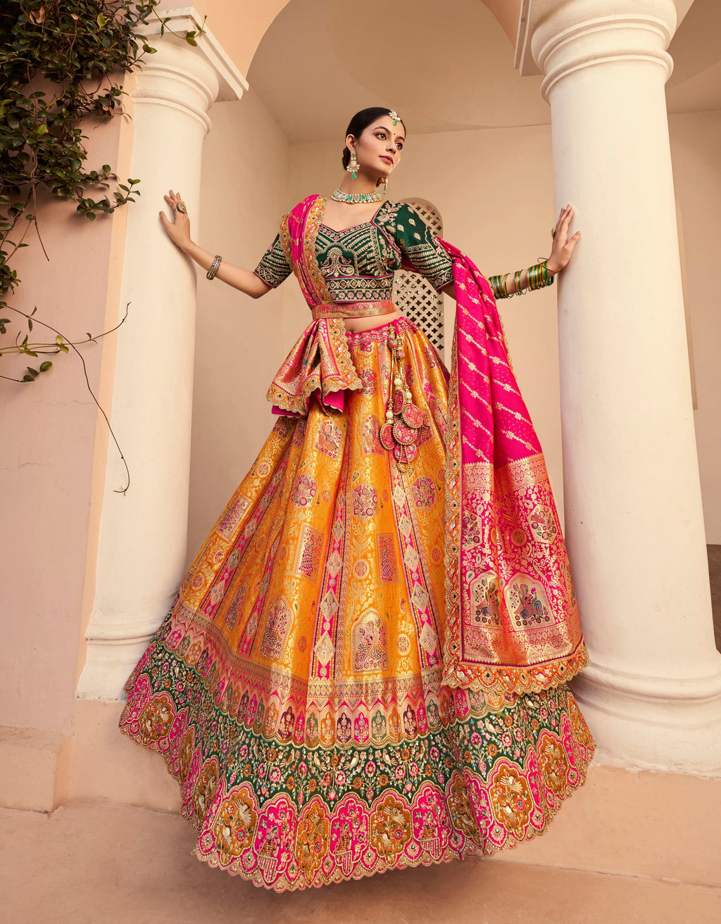 Monjolika Fashion Orange Banarasi Silk Diamond Wedding Trendy Lehenga Choli | Grocsy