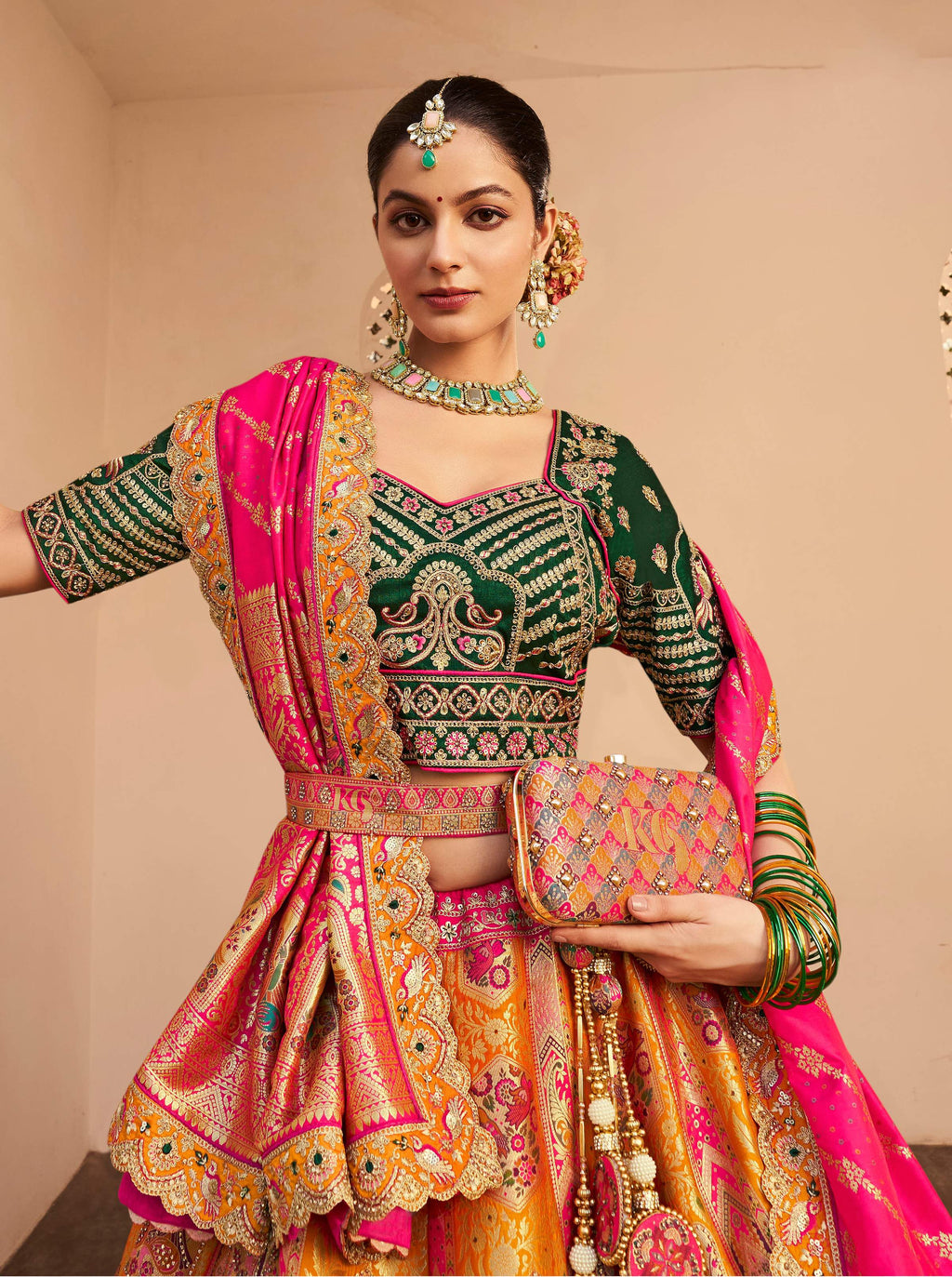 Monjolika Fashion Orange Banarasi Silk Diamond Wedding Trendy Lehenga Choli | Grocsy