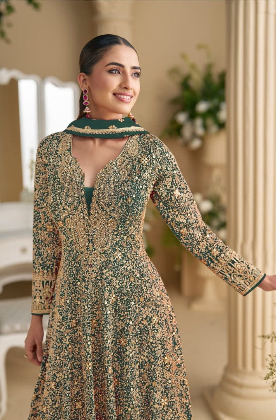 Anaita D Green Georgette Stitched Anarkali Suit with Sequence & Diamond Work | Grocsy