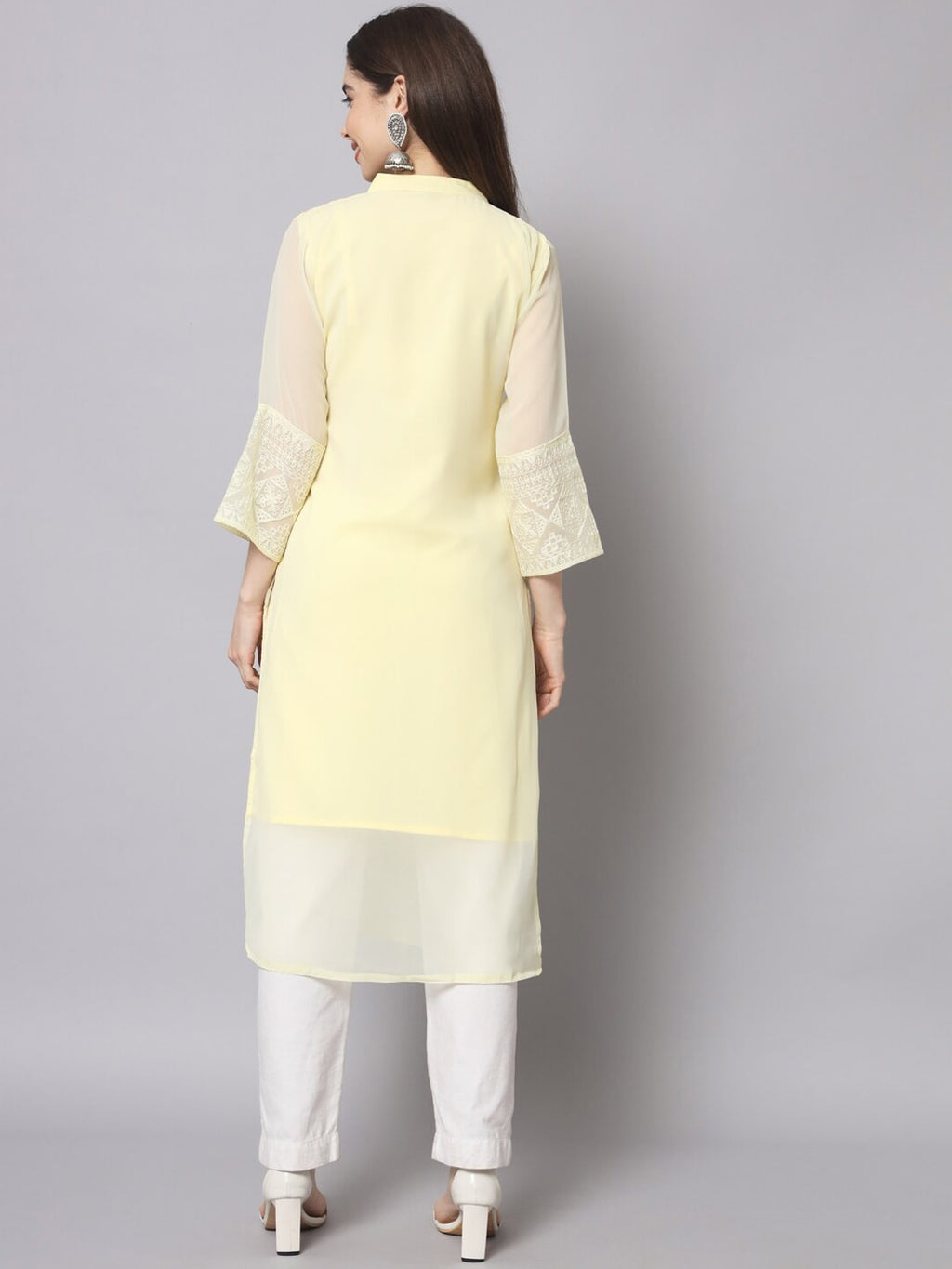 HERE&NOW Women Yellow Ethnic Motifs Embroidered Thread Work Georgette Kurta | Grocsy