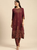 All About You Women Maroon Bandhani Printed Kurta with Trousers | Grocsy