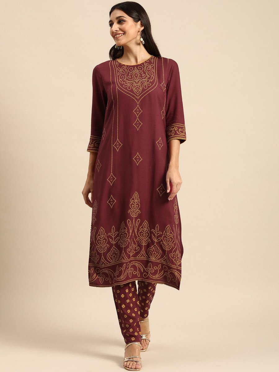 All About You Women Maroon Bandhani Printed Kurta with Trousers | Grocsy
