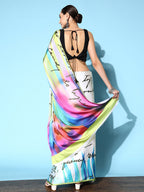 Tikhi Imli Off White & Green Abstract Print Satin Saree | Grocsy
