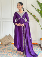 The52 Embroidered Vichitra Silk Fabric Straight Kurta, Pant and Dupatta Set | Grocsy