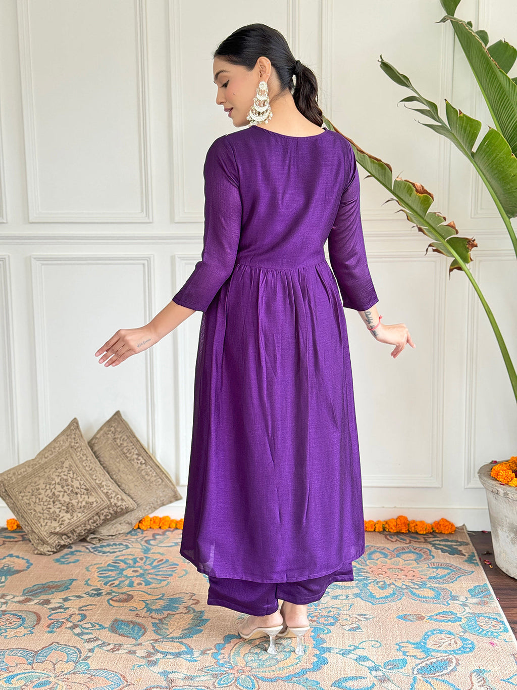 The52 Embroidered Vichitra Silk Fabric Straight Kurta, Pant and Dupatta Set | Grocsy