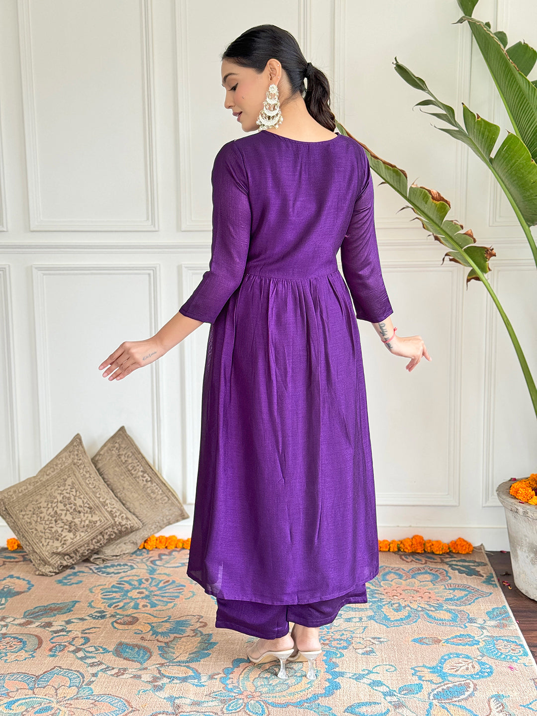 The52 Embroidered Vichitra Silk Fabric Straight Kurta, Pant and Dupatta Set | Grocsy