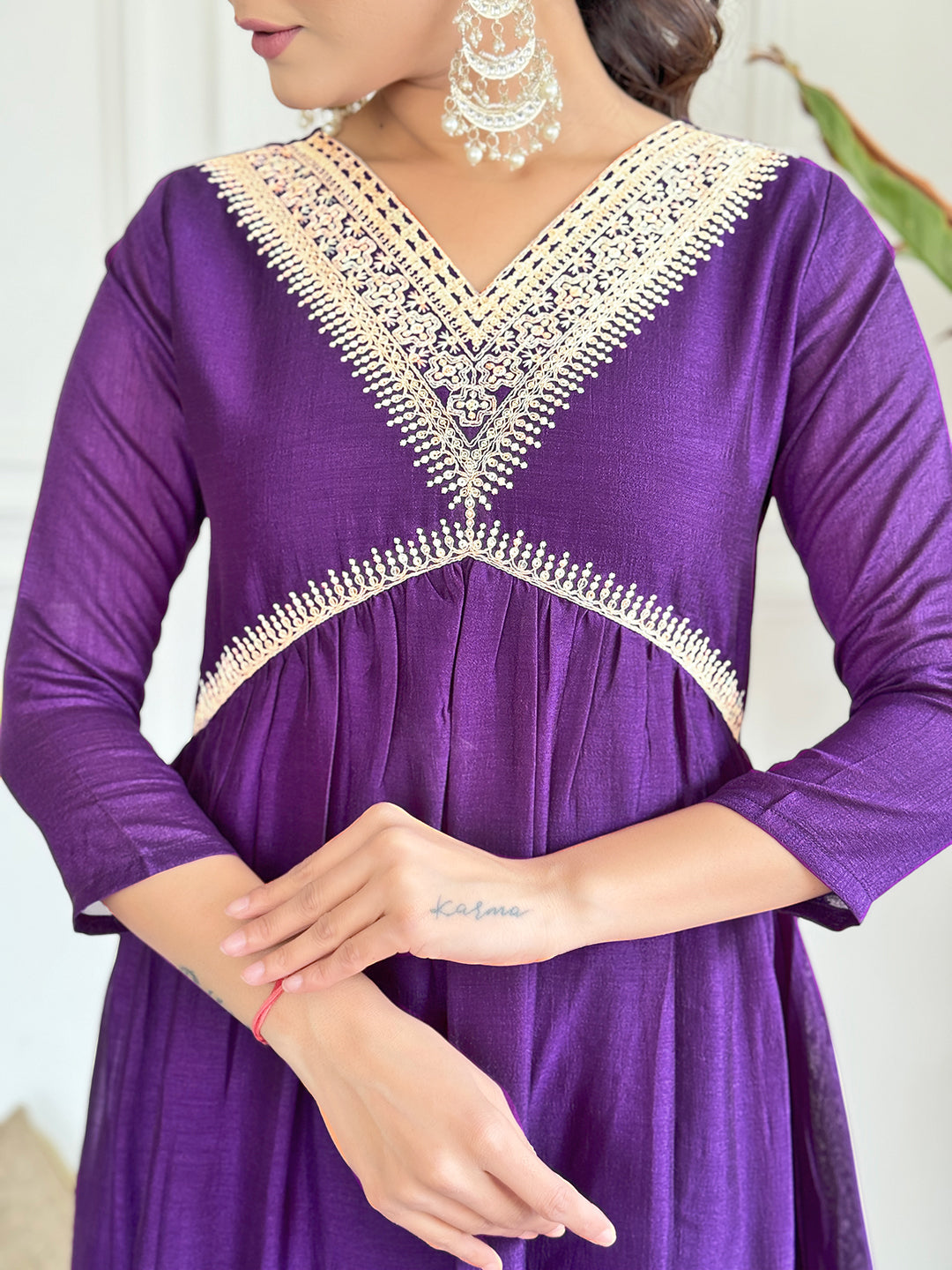 The52 Embroidered Vichitra Silk Fabric Straight Kurta, Pant and Dupatta Set | Grocsy