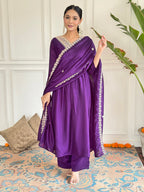 The52 Embroidered Vichitra Silk Fabric Straight Kurta, Pant and Dupatta Set | Grocsy