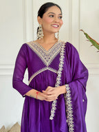 The52 Embroidered Vichitra Silk Fabric Straight Kurta, Pant and Dupatta Set | Grocsy