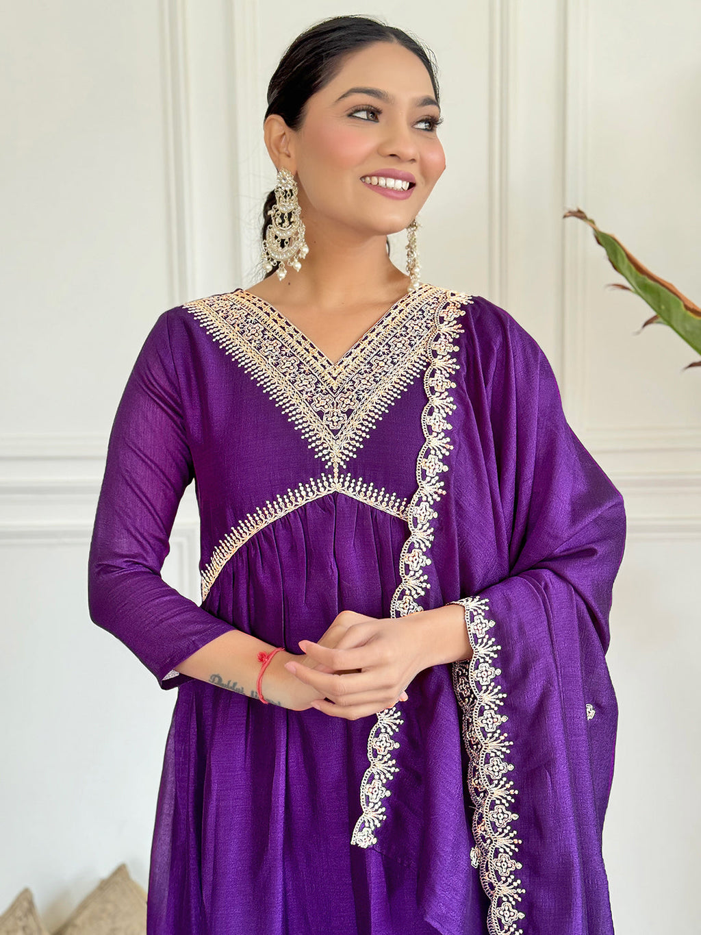 The52 Embroidered Vichitra Silk Fabric Straight Kurta, Pant and Dupatta Set | Grocsy