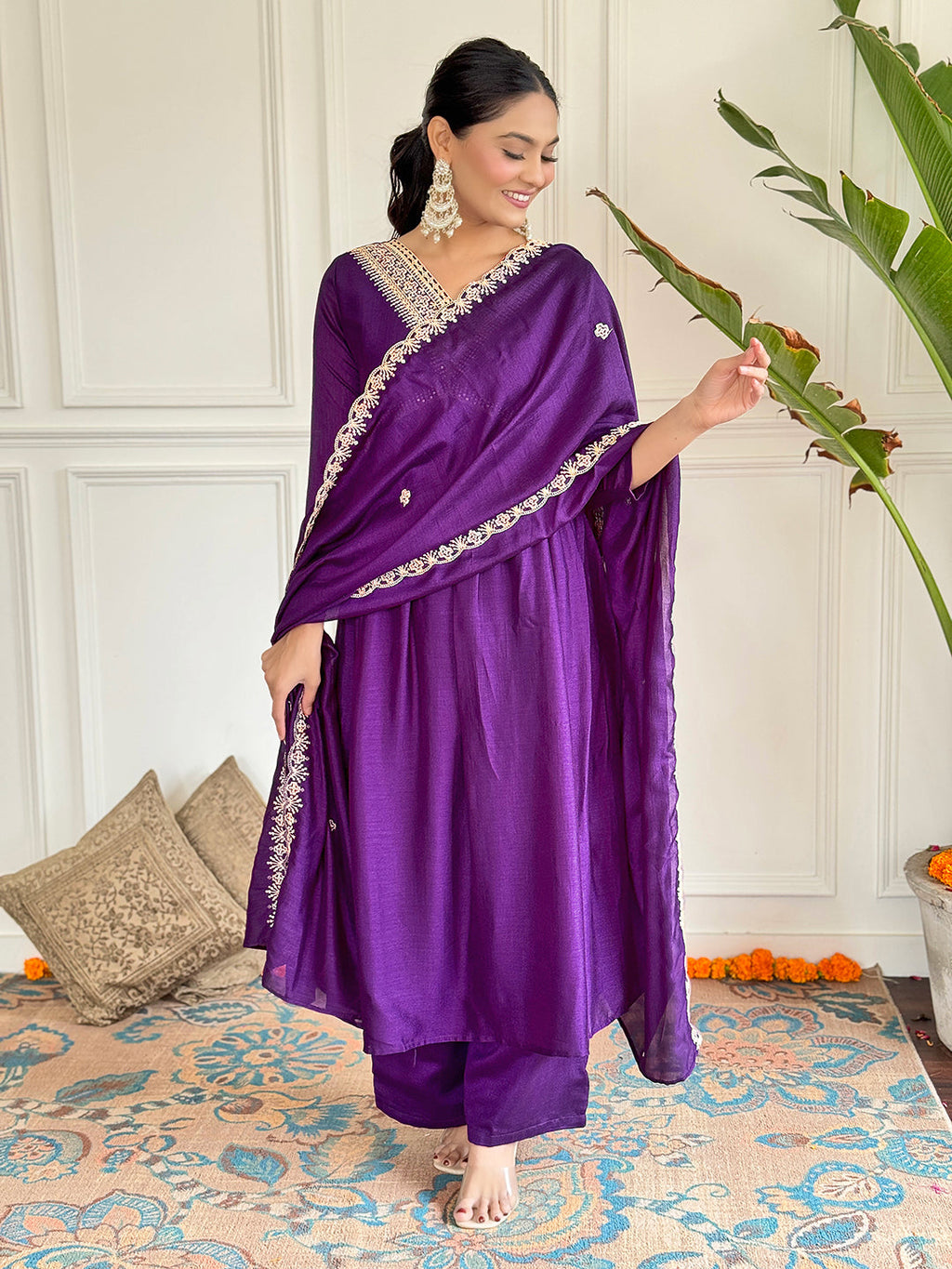 The52 Embroidered Vichitra Silk Fabric Straight Kurta, Pant and Dupatta Set | Grocsy