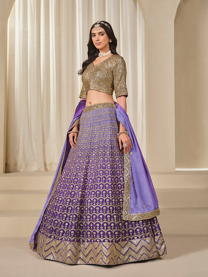 Monjolika Fashion Violet Chinon Silk With Embroidered, Sequins, Thread And Zari Work Lehenga Choli | Grocsy