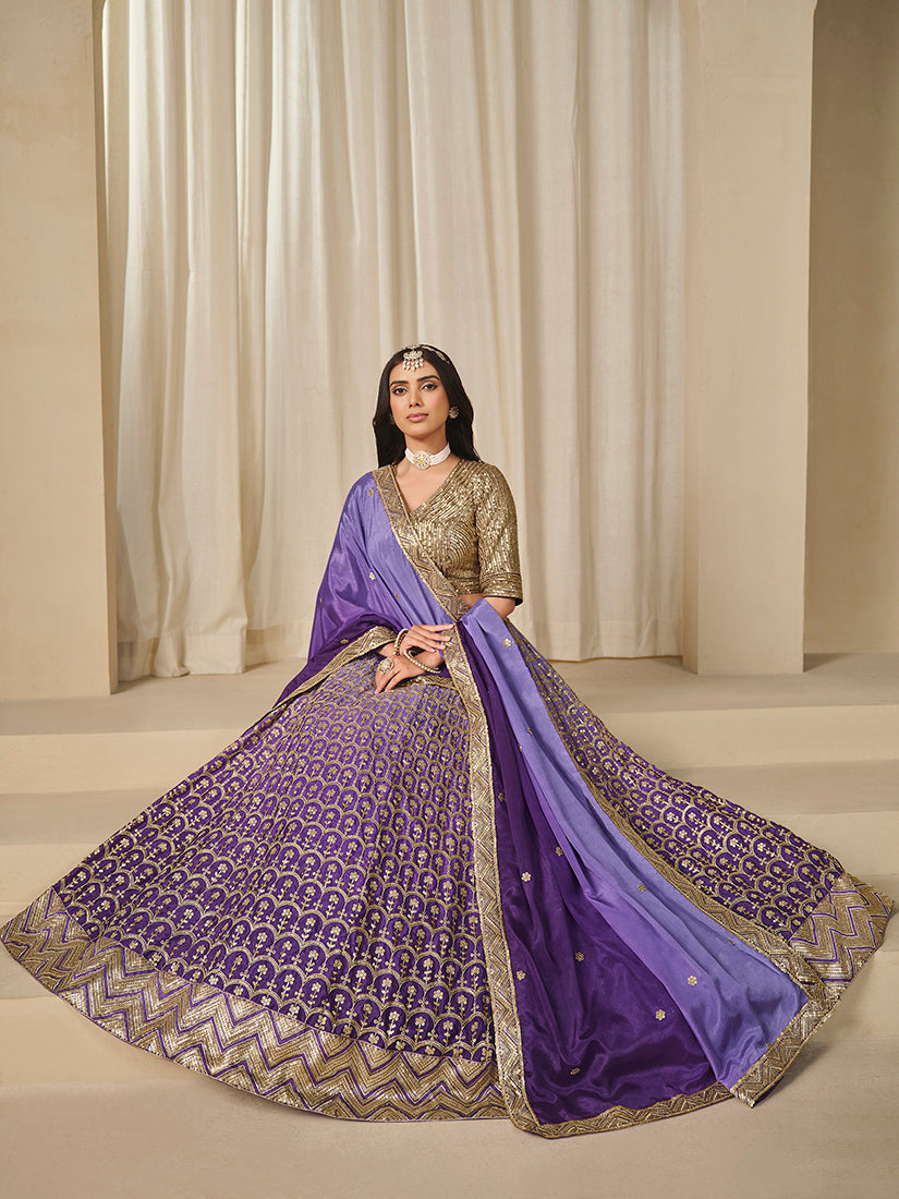 Monjolika Fashion Violet Chinon Silk With Embroidered, Sequins, Thread And Zari Work Lehenga Choli | Grocsy