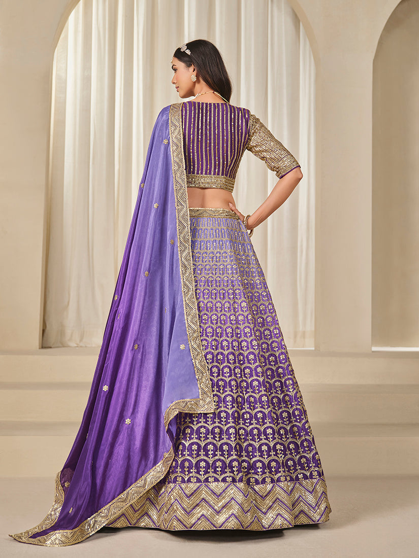 Monjolika Fashion Violet Chinon Silk With Embroidered, Sequins, Thread And Zari Work Lehenga Choli | Grocsy