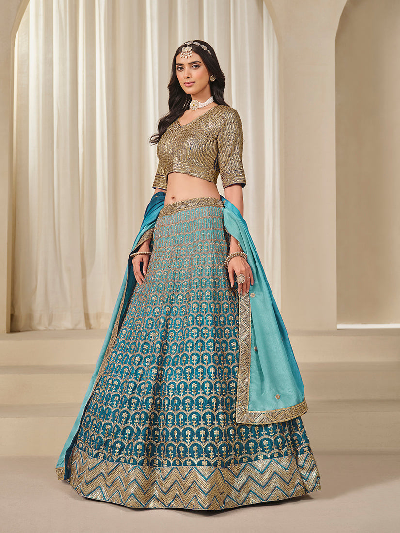 Monjolika Fashion Firozi Chinon Silk With Embroidered, Sequins, Thread And Zari Work Lehenga Choli | Grocsy
