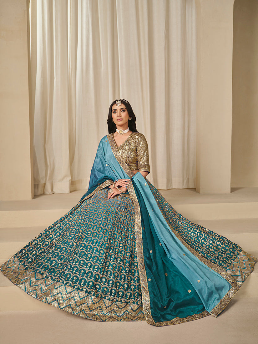 Monjolika Fashion Firozi Chinon Silk With Embroidered, Sequins, Thread And Zari Work Lehenga Choli | Grocsy