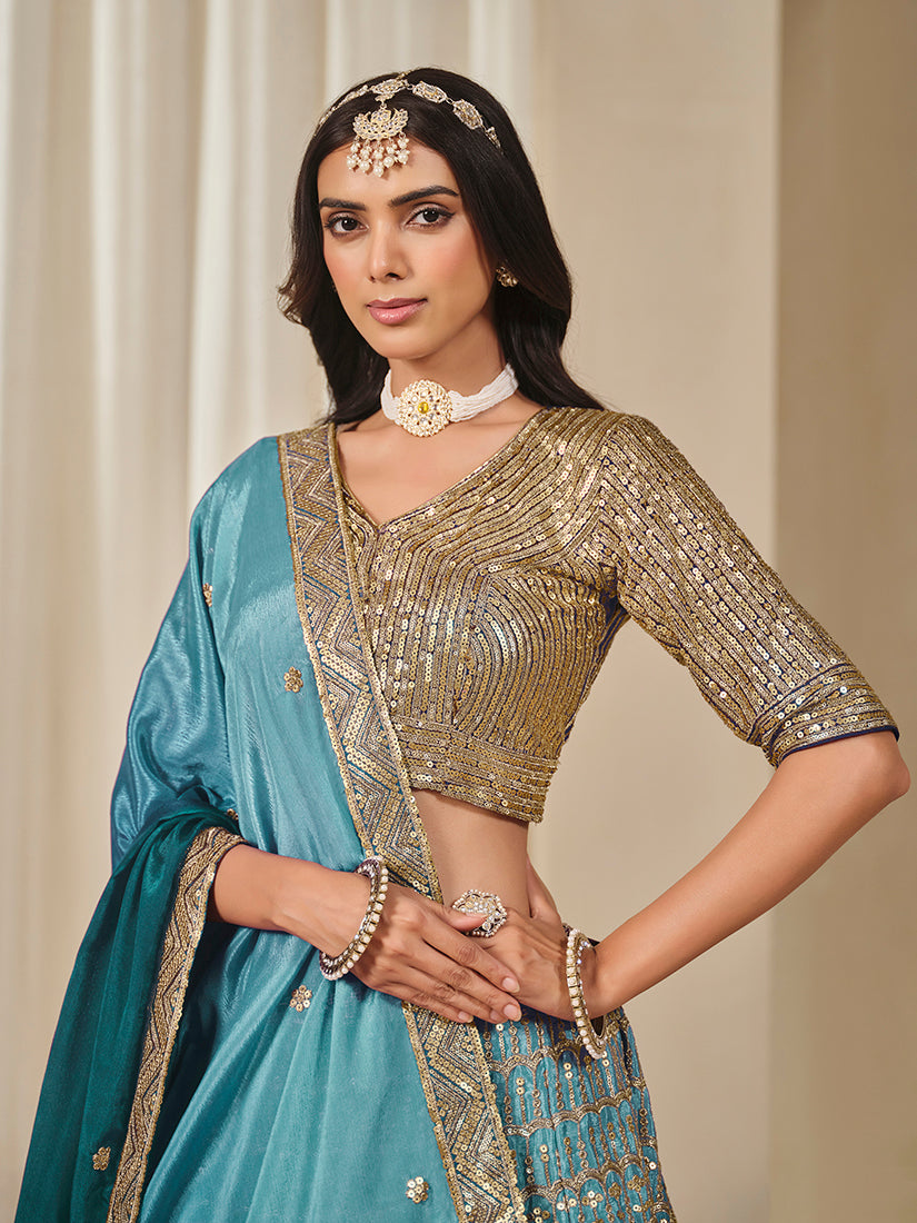 Monjolika Fashion Firozi Chinon Silk With Embroidered, Sequins, Thread And Zari Work Lehenga Choli | Grocsy