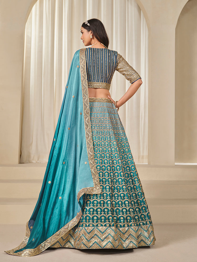 Monjolika Fashion Firozi Chinon Silk With Embroidered, Sequins, Thread And Zari Work Lehenga Choli | Grocsy