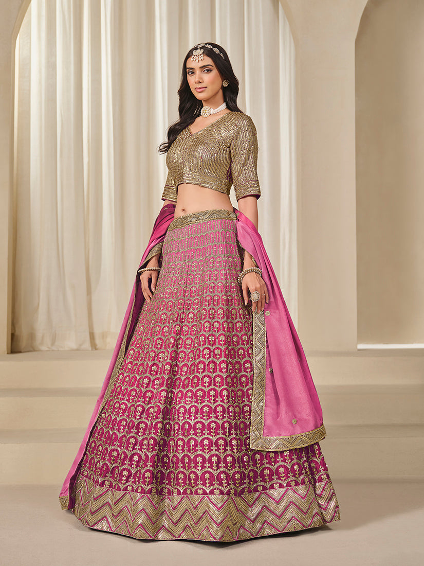 Monjolika Fashion Hot Pink Chinon Silk With Embroidered, Sequins, Thread And Zari Work Lehenga Choli | Grocsy