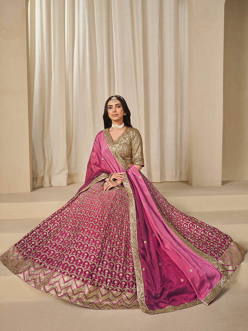 Monjolika Fashion Hot Pink Chinon Silk With Embroidered, Sequins, Thread And Zari Work Lehenga Choli | Grocsy