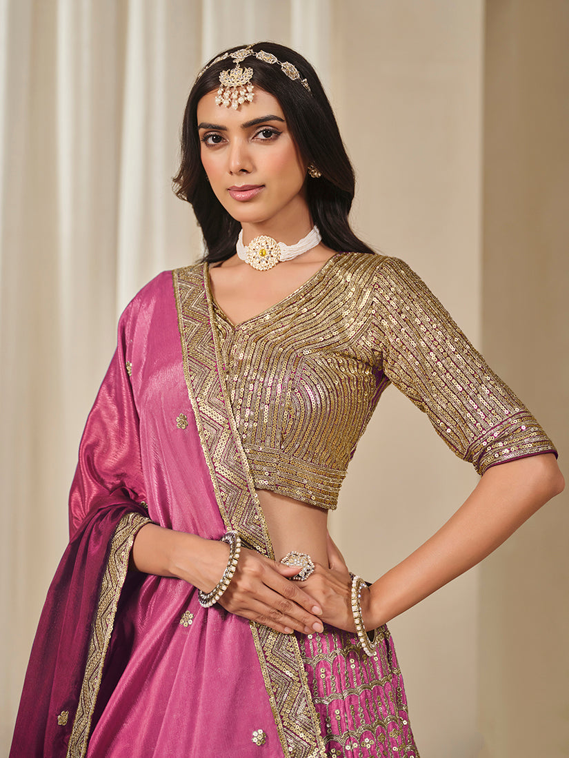 Monjolika Fashion Hot Pink Chinon Silk With Embroidered, Sequins, Thread And Zari Work Lehenga Choli | Grocsy