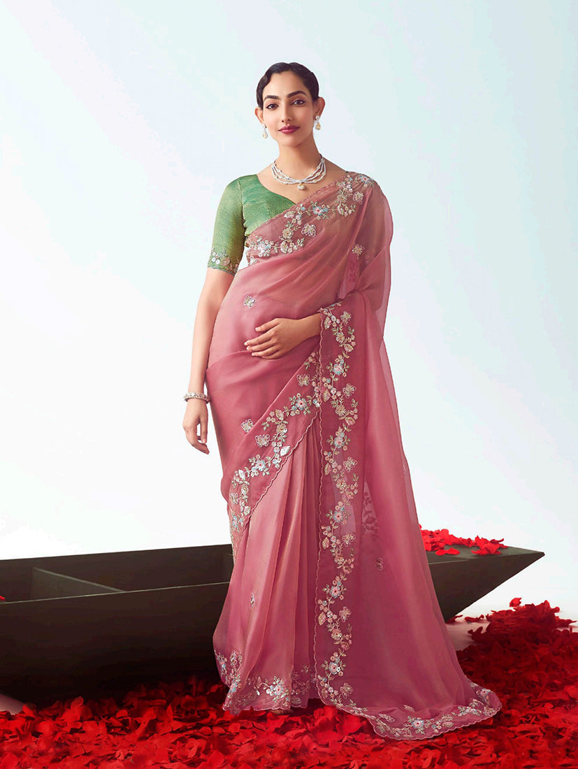 Monjolika Fashion Pink Embroidered Cut Work Fancy Fabric Ceremonial Designer Saree | Grocsy