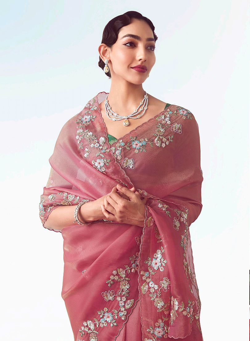 Monjolika Fashion Pink Embroidered Cut Work Fancy Fabric Ceremonial Designer Saree | Grocsy