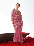 Monjolika Fashion Pink Embroidered Cut Work Fancy Fabric Ceremonial Designer Saree | Grocsy