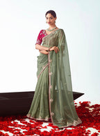 Monjolika Fashion Sage Green Embroidered Cut Work Fancy Fabric Ceremonial Designer Saree | Grocsy