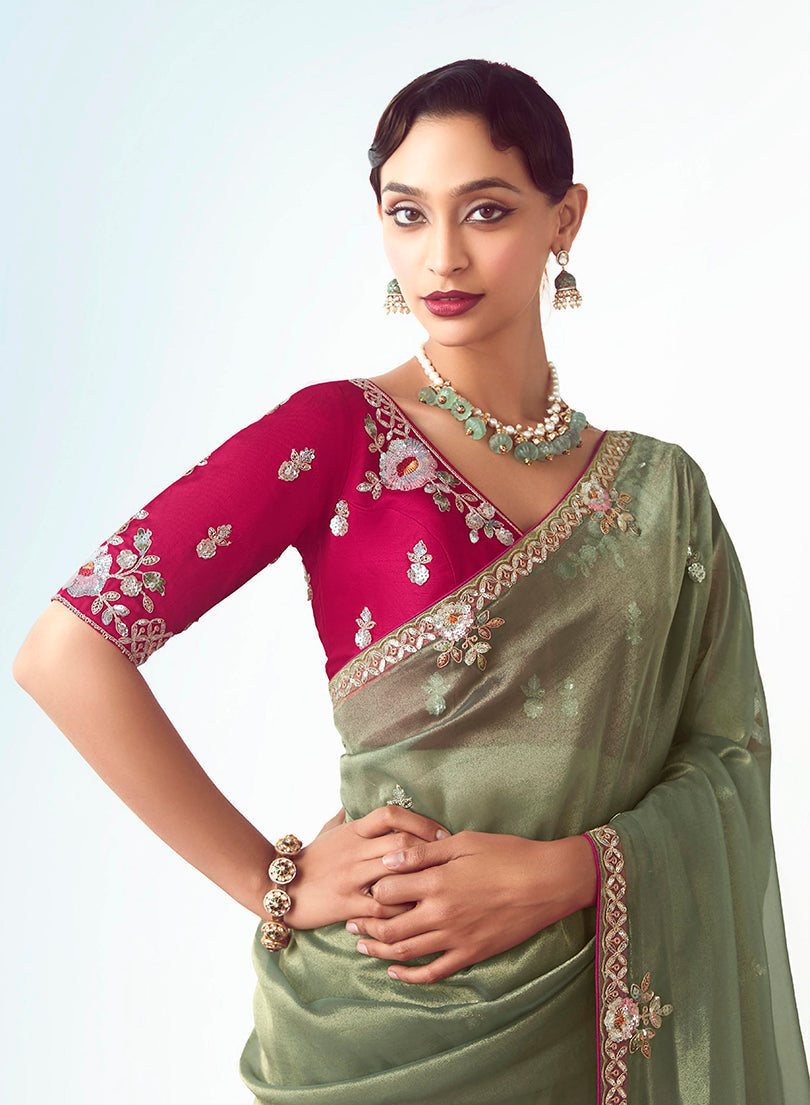 Monjolika Fashion Sage Green Embroidered Cut Work Fancy Fabric Ceremonial Designer Saree | Grocsy