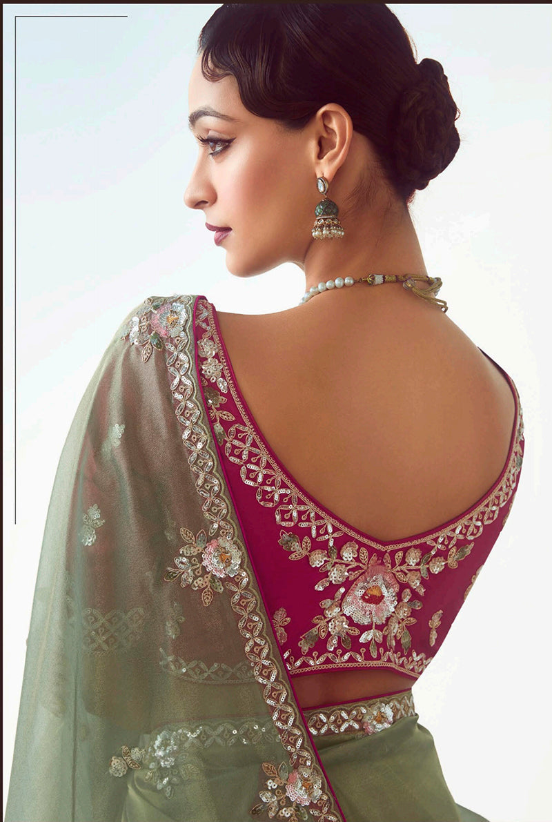 Monjolika Fashion Sage Green Embroidered Cut Work Fancy Fabric Ceremonial Designer Saree | Grocsy