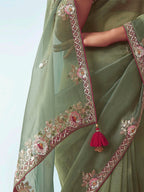 Monjolika Fashion Sage Green Embroidered Cut Work Fancy Fabric Ceremonial Designer Saree | Grocsy