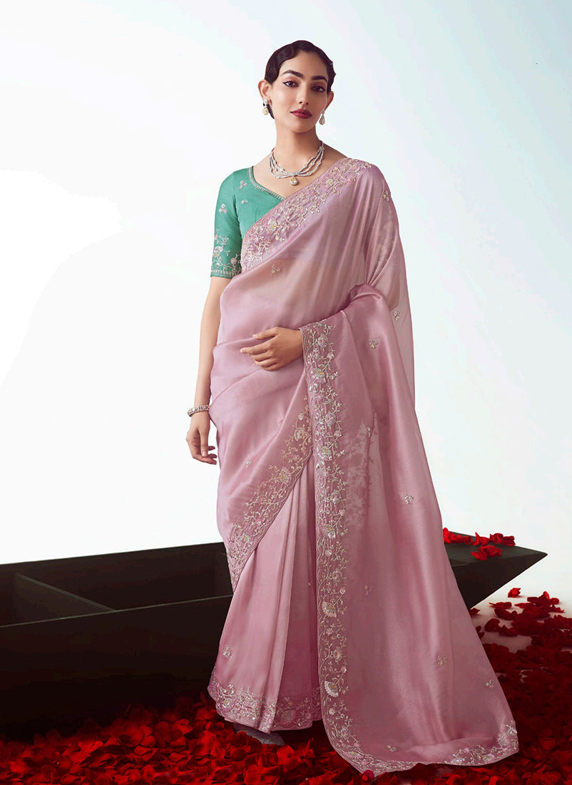Monjolika Fashion Light Pink Embroidered Cut Work Fancy Fabric Ceremonial Designer Saree | Grocsy